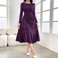 Purple women's dress with ruffles detail and long sleeves