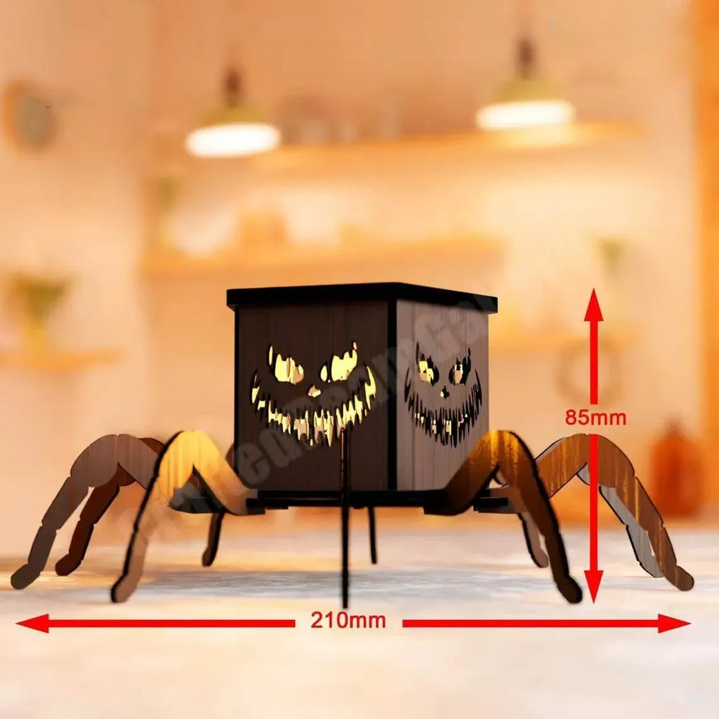 Wooden spider silhouette lantern candlestick Halloween decoration measuring 21cm by 8.5cm