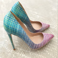 Colourful gradient patent leather ladies high heel shoes with a pointed toe and super high heel.