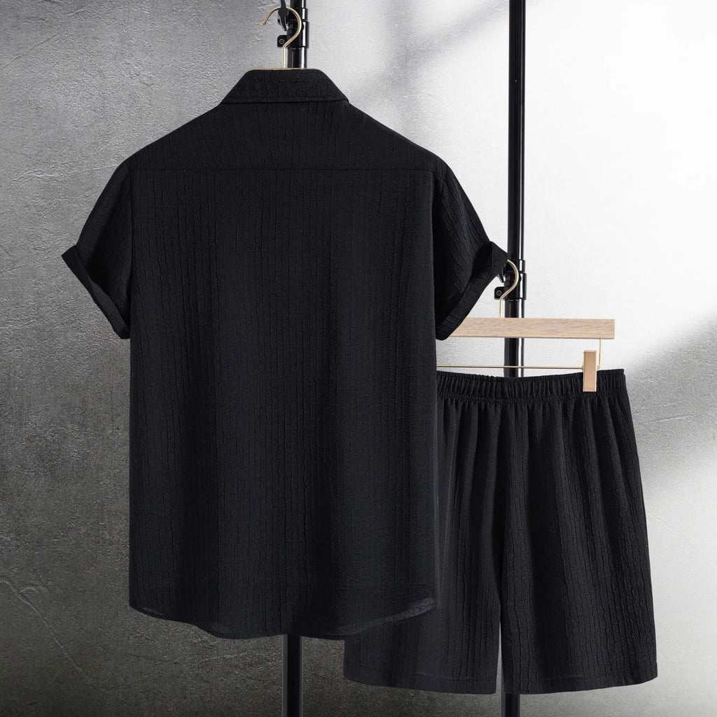 Men's white cotton blend jacquard short sleeve shirt with matching shorts leisure suit