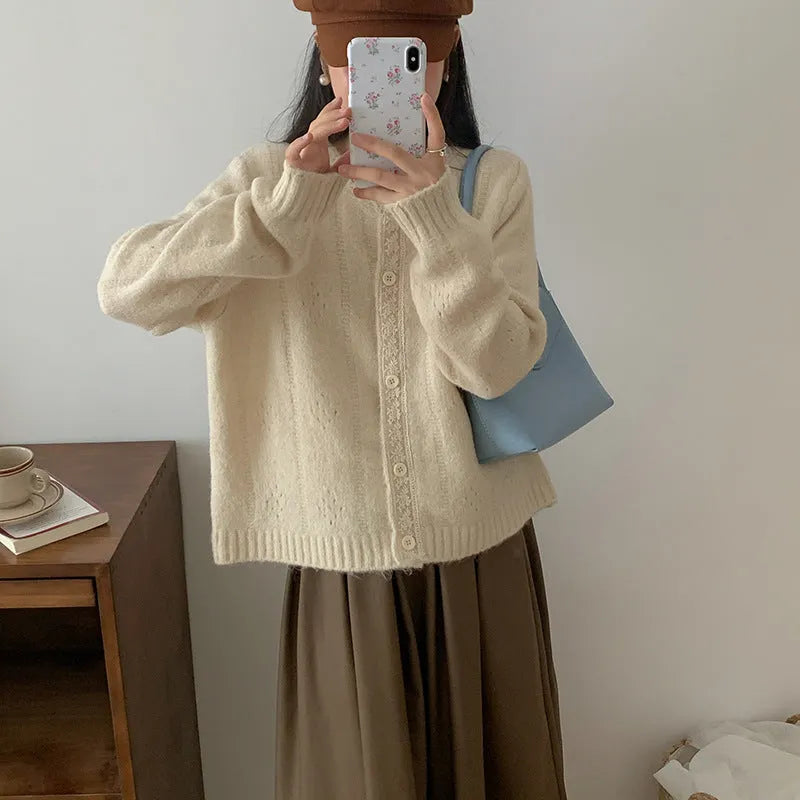Retro loose-fit cardigan coat in viscose fibre, shown in apricot colour.