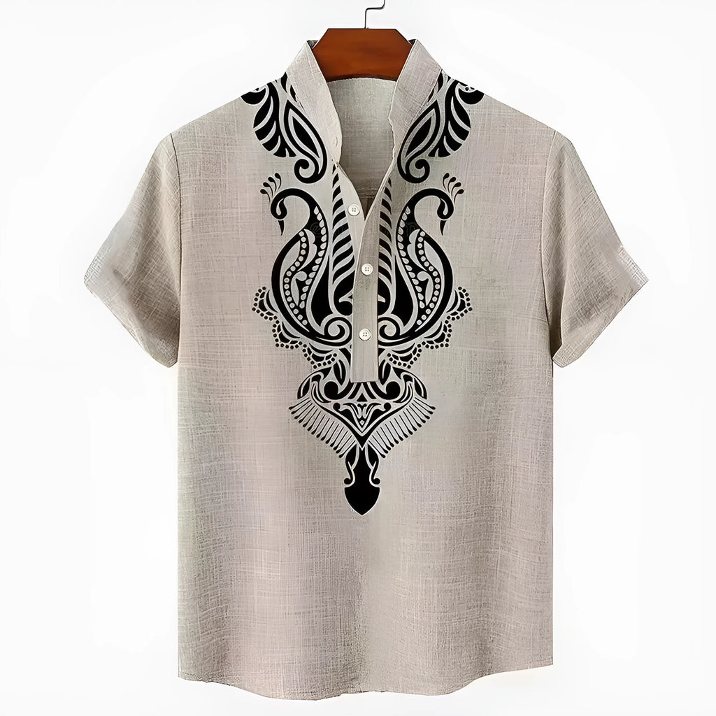 Men's striped casual shirt in loose fit with button linen style and polyester construction