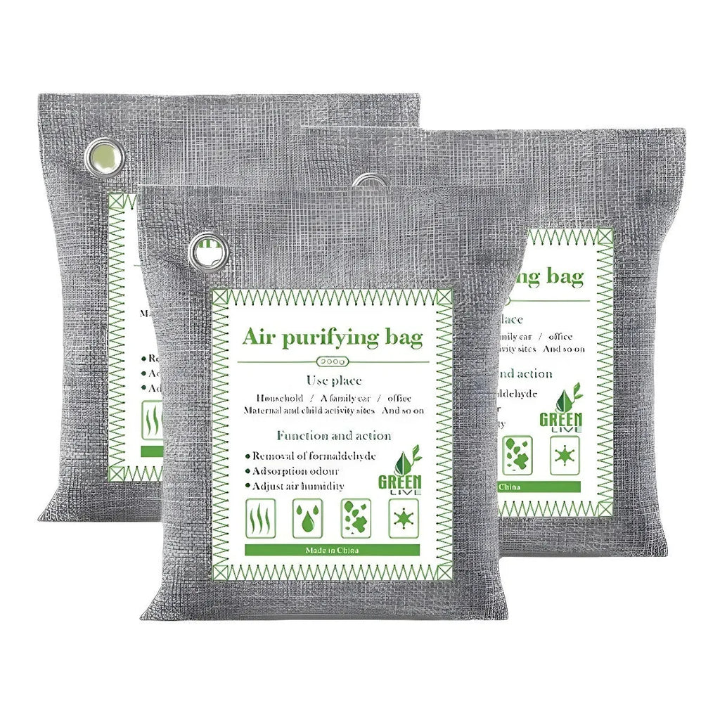 Bamboo charcoal air purifier bag in a sewn fabric pouch for formaldehyde removal.