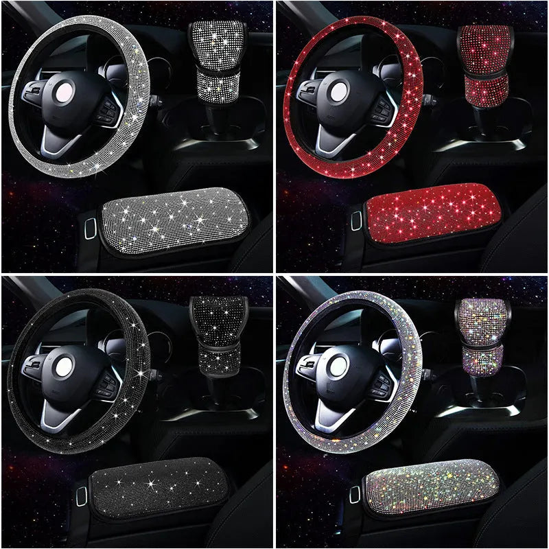 Polyester car interior decoration set including steering wheel cover gear cover and armrest mat in black red white colour options