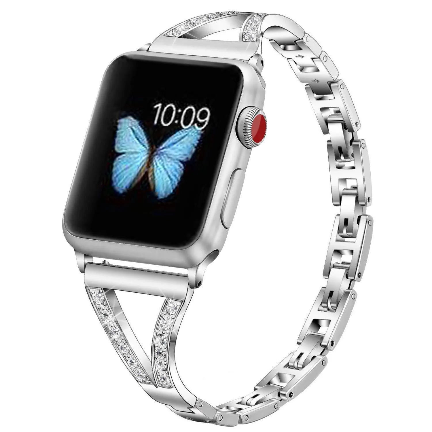 Silver herringbone diamond pattern metal strap for Apple Watch, showing adjustable links and connector lugs.