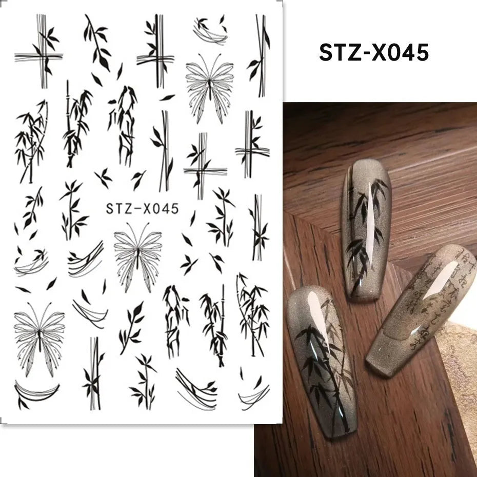 Set of 60 black and silver cartoon pattern nail strip stickers with plastic application patch.