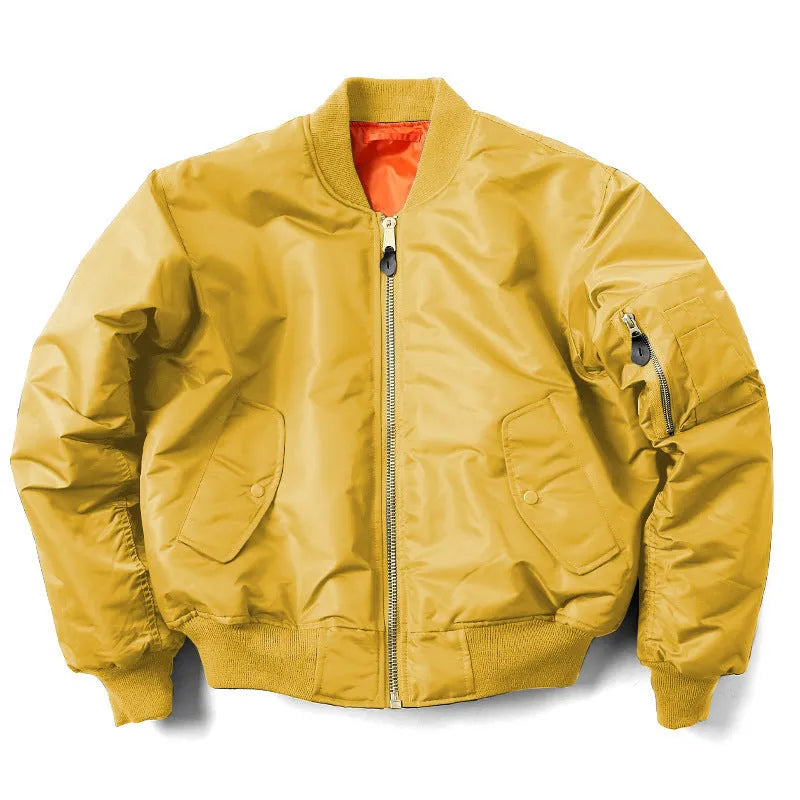 Men's American workwear pilot cotton-padded jacket in army green colour showing loose fit styling