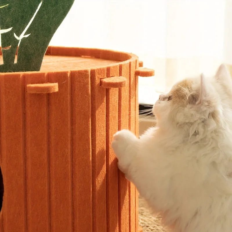 Carrot-shaped grey felt cat tunnel bed with one entrance hole, shown in medium and large sizes.