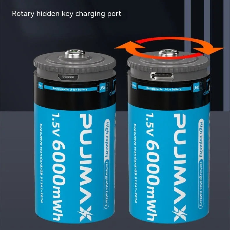 Rechargeable lithium C-type battery 6000mWh 1.5V with USB Type-C port on black background