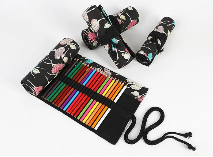 Square canvas rolling pencil case with ballet girl print, shown in multiple hole capacity sizes.