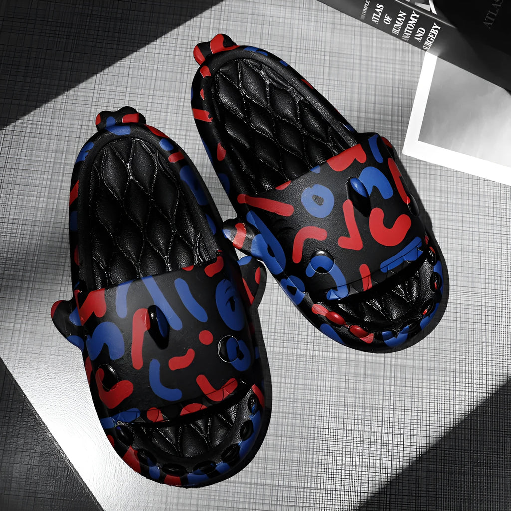 Cute shark design open-toe home slippers made from beige EVA material.