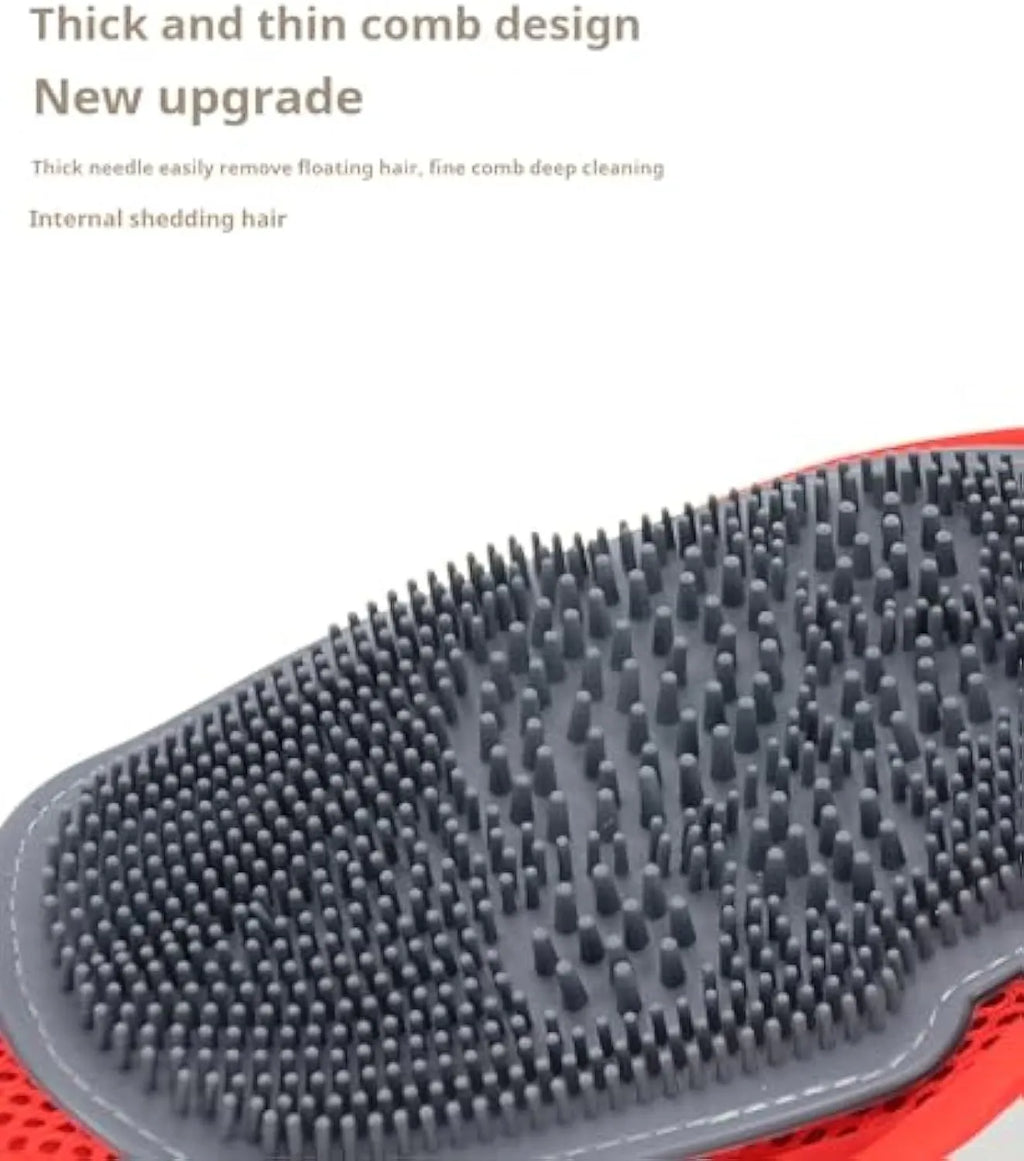 Red pet bathing glove with integrated brush design for hair removal during pet grooming
