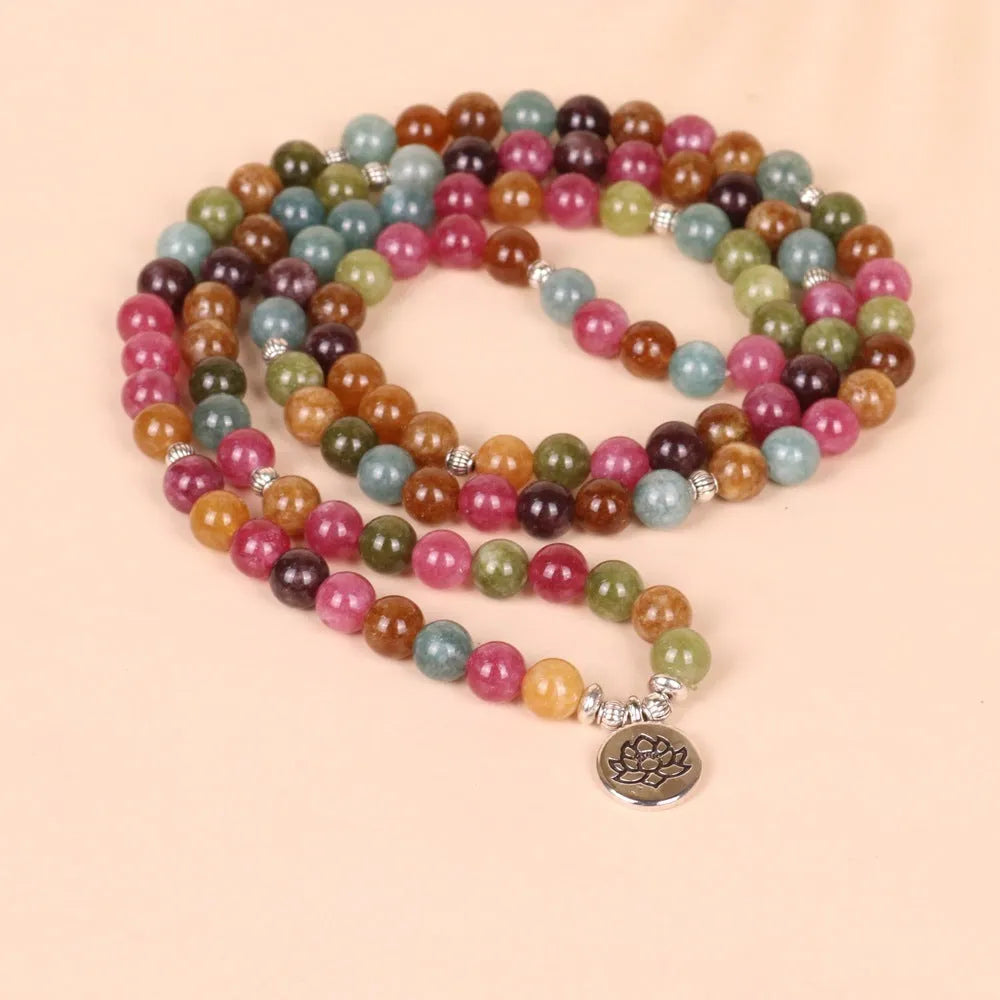 108 bead lotus bracelet in tourmaline colour with multi-layer hanging design and alloy construction