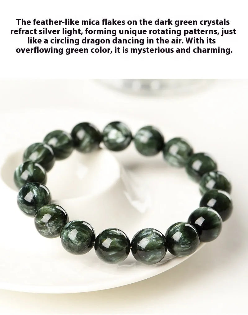 Green dragon crystal bracelet with 8-9mm round beads and geometric Ruyi design elements