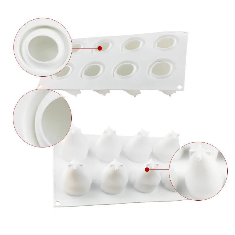 Six-cavity silicone baking mould showing pineapple and pine cone shapes