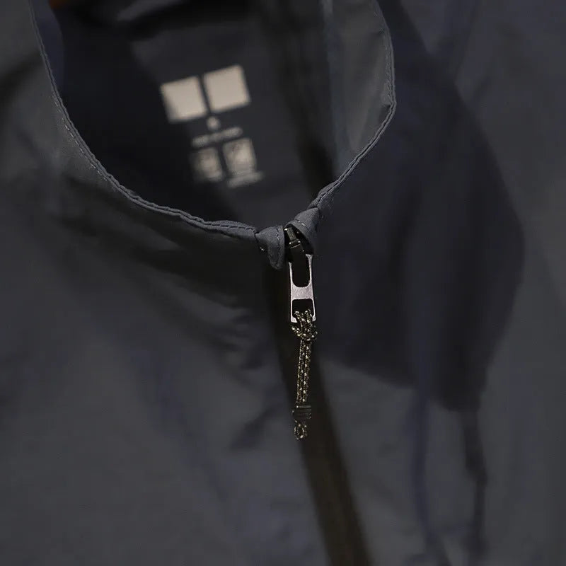 Men's black quick-drying retro bandage vest cardigan with side pocket, shown on a hanger.