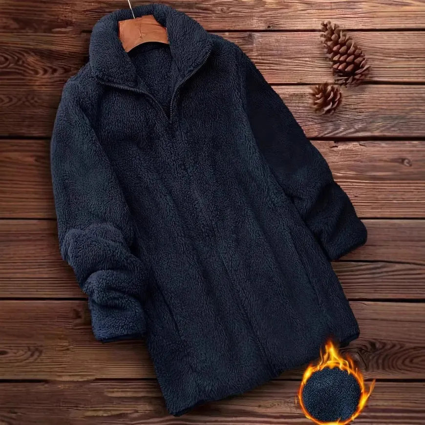 Double-sided fleece jacket in black, navy blue, or khaki colours, showing soft velvet texture and casual fit.