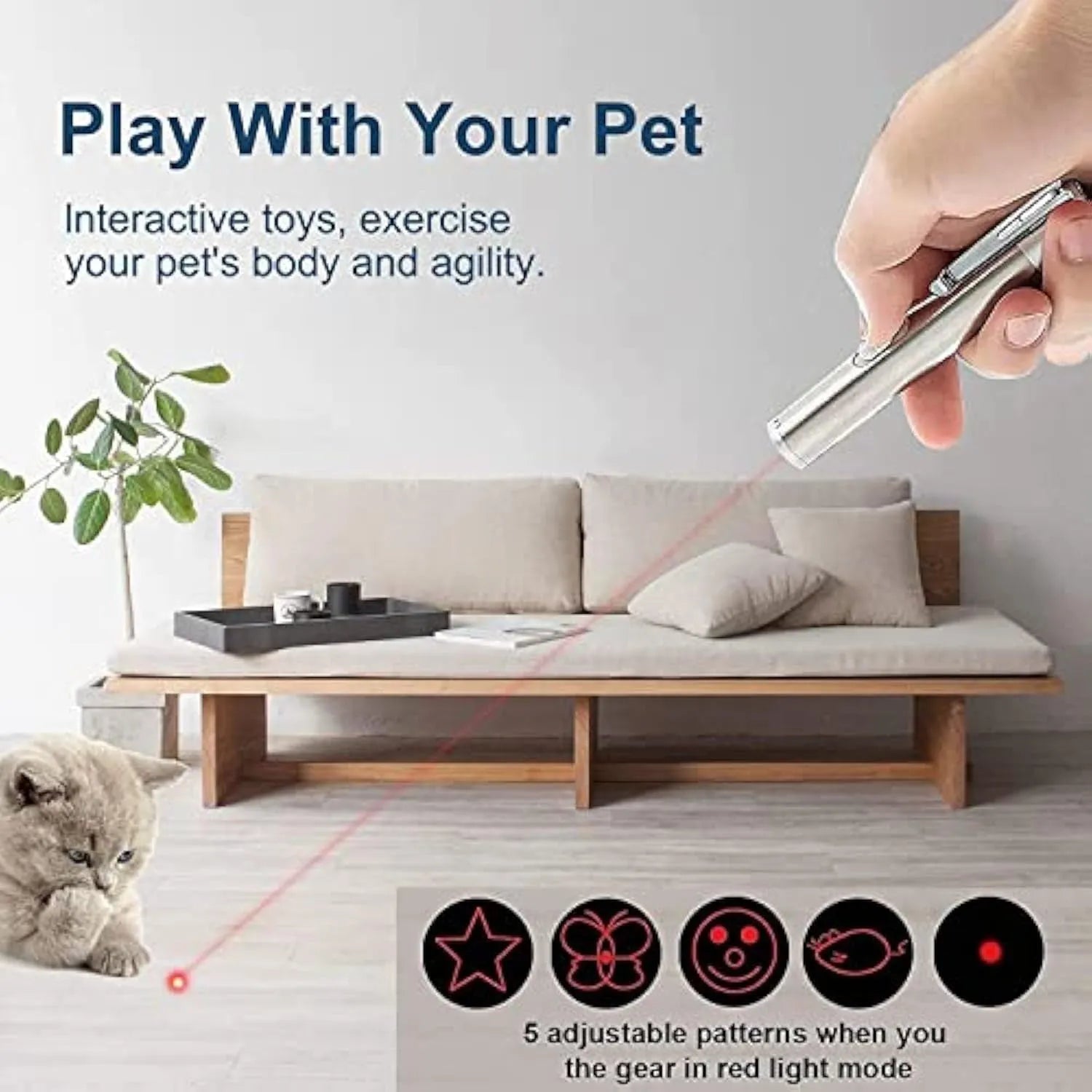 Silver aluminium cat laser pointer toy with USB charging port and selection gear