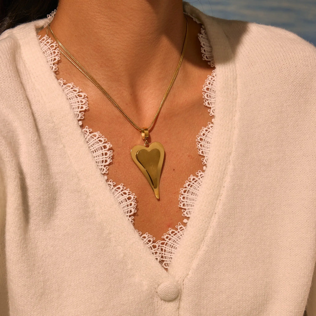 Geometric double heart pendant necklace with snake bones chain in gold or steel finish