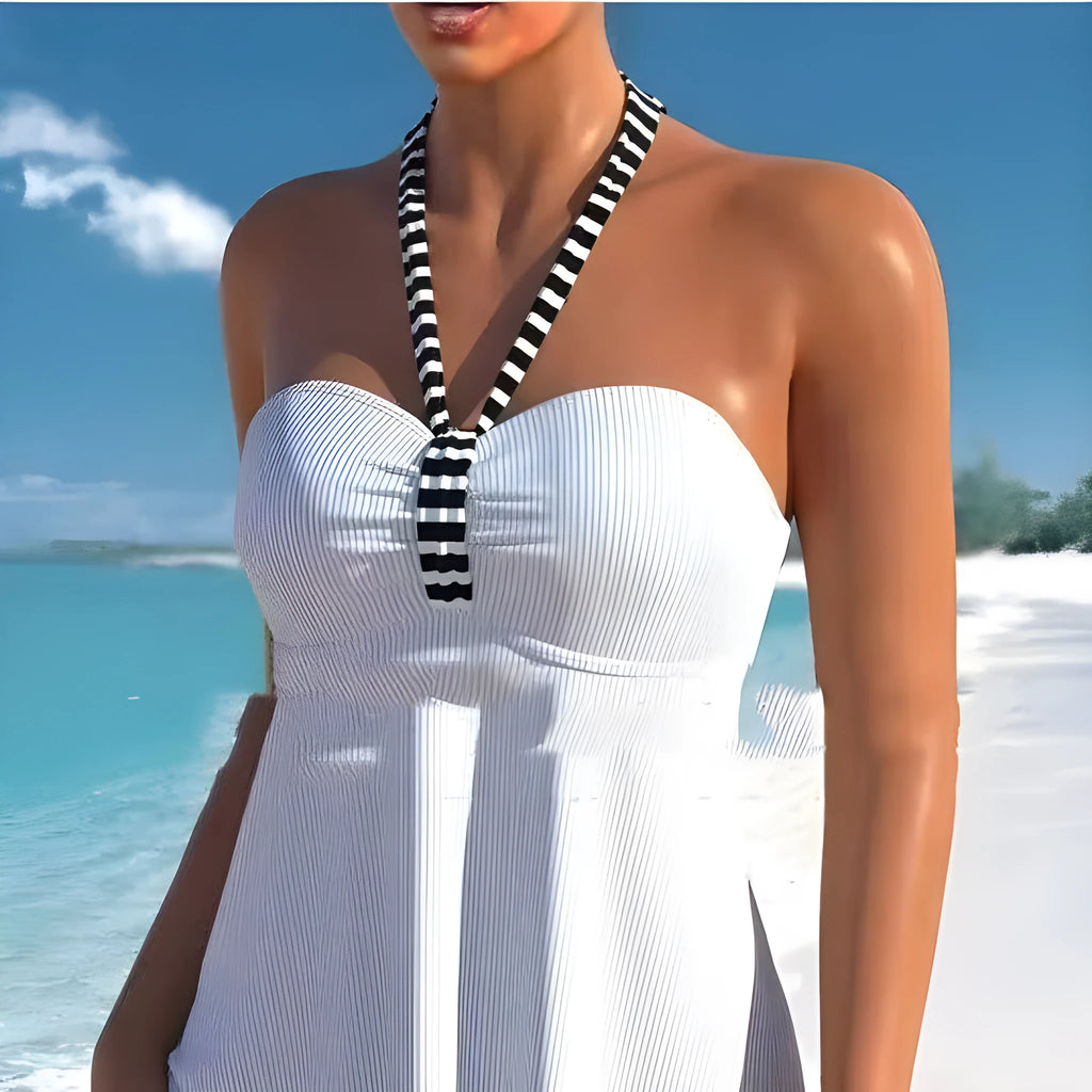 Women's off-shoulder striped swimsuit in black and white colours with briefs style