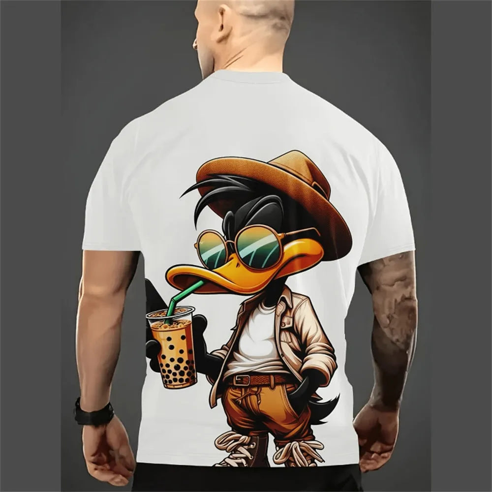 Man wearing a loose-fit short sleeve shirt with a colourful 3D cartoon print.