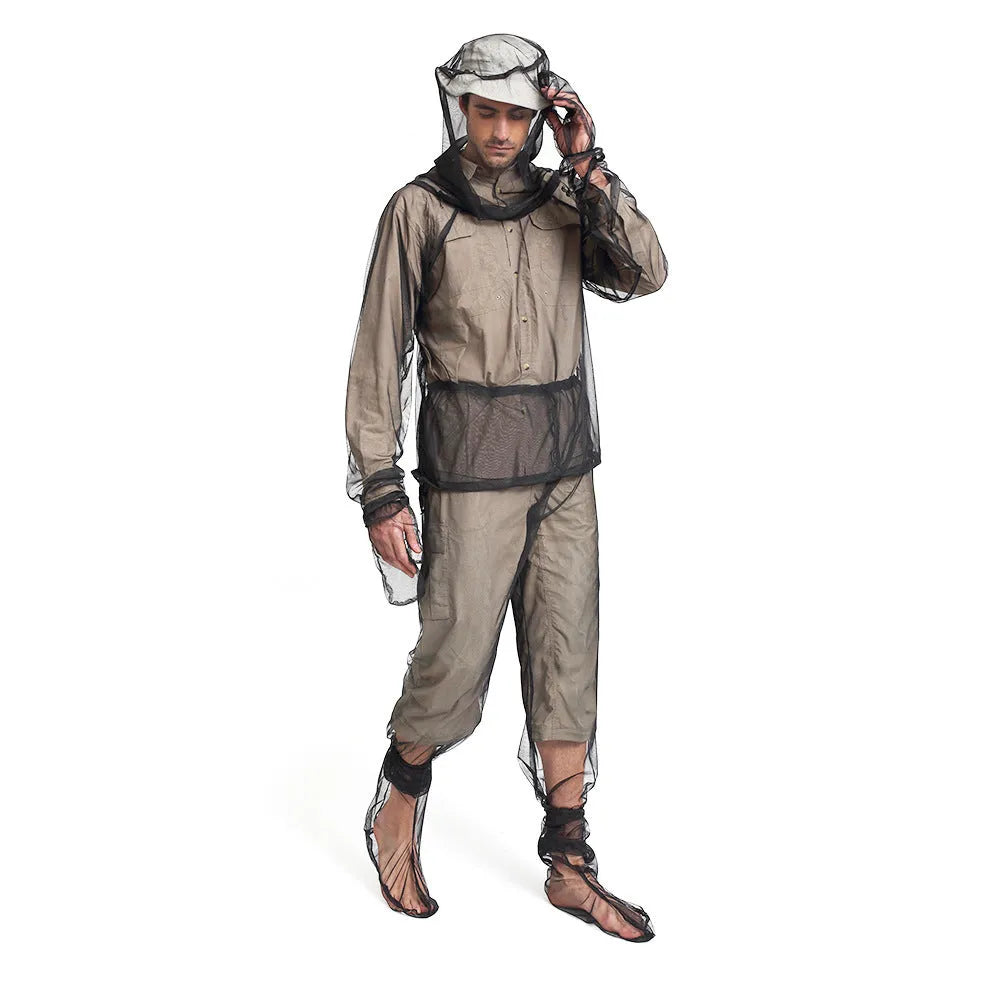 Mesh anti-mosquito suit with hooded jacket, pants, and booties for outdoor protection