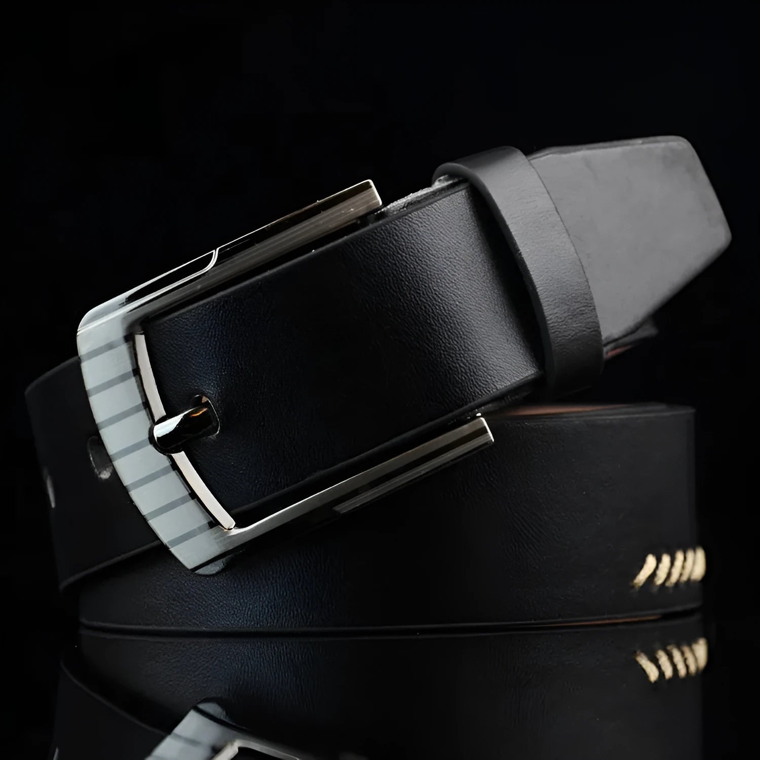 Men's imitation leather belt with pin buckle in black, brown or white colours showing retro pattern detailing