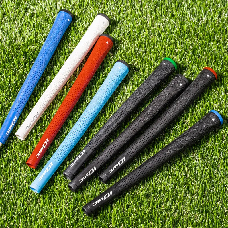 TPE material golf club grip shown in pink, red, dark blue, light blue, white, and black with coloured head options.