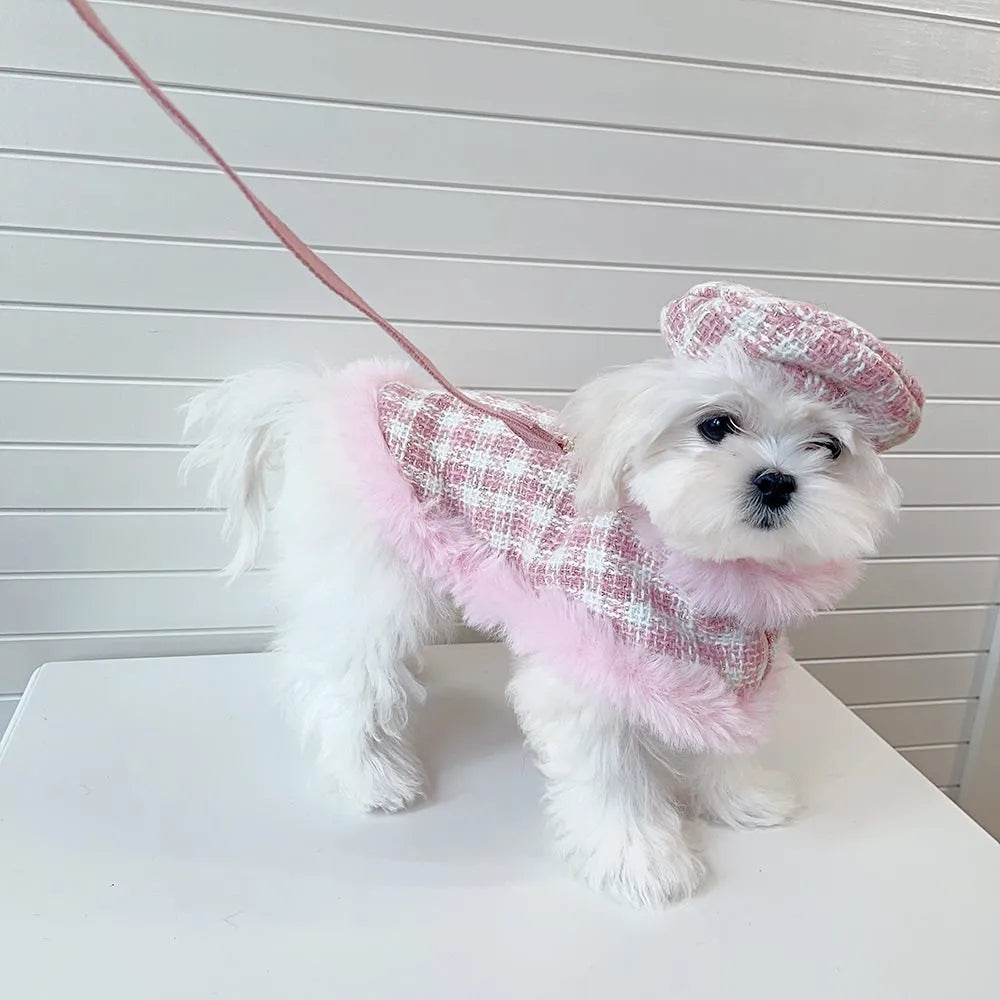 Pink cat costume with cloak and hand holding rope on cat, showing chest and back traction design