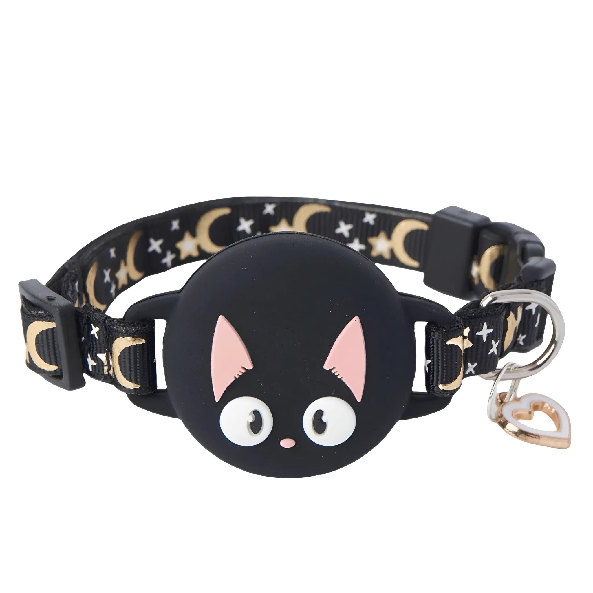 Pink plastic cat collar with built-in white Apple AirTag protective case, shown on S size setting.