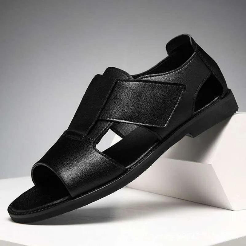 Men's black and brown Roman-style leather sandals with an open toe and non-slip rubber sole.