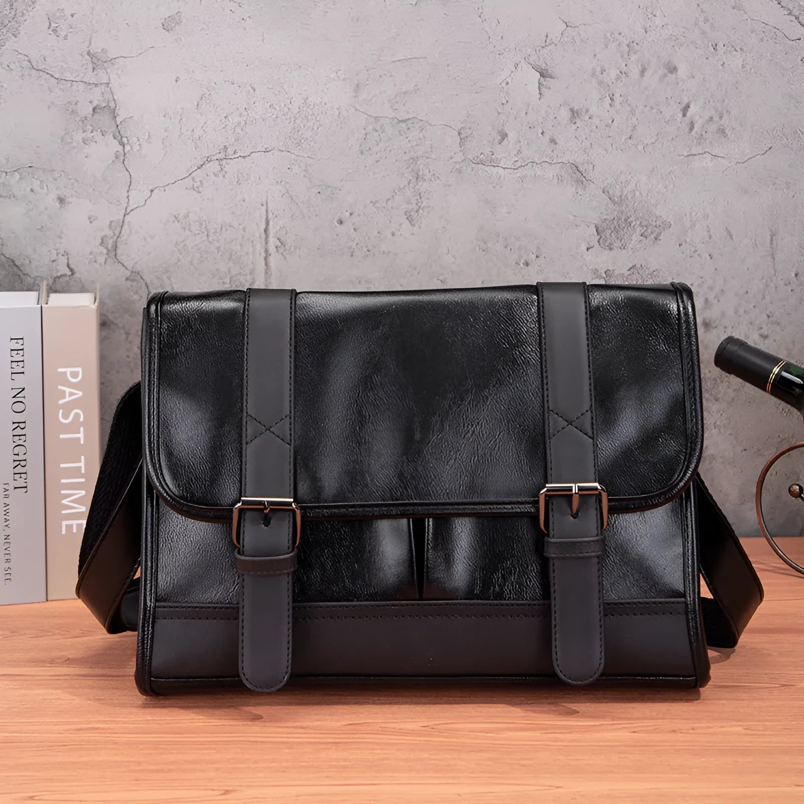 Black Korean style men's commuter backpack with anti-theft function and decorative sewing thread detailing