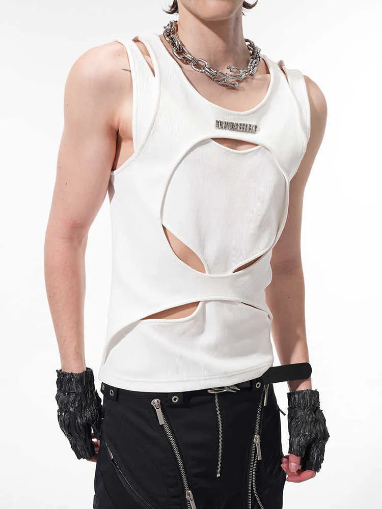 Men's black sleeveless waistcoat vest with hollow knit summer cooling design