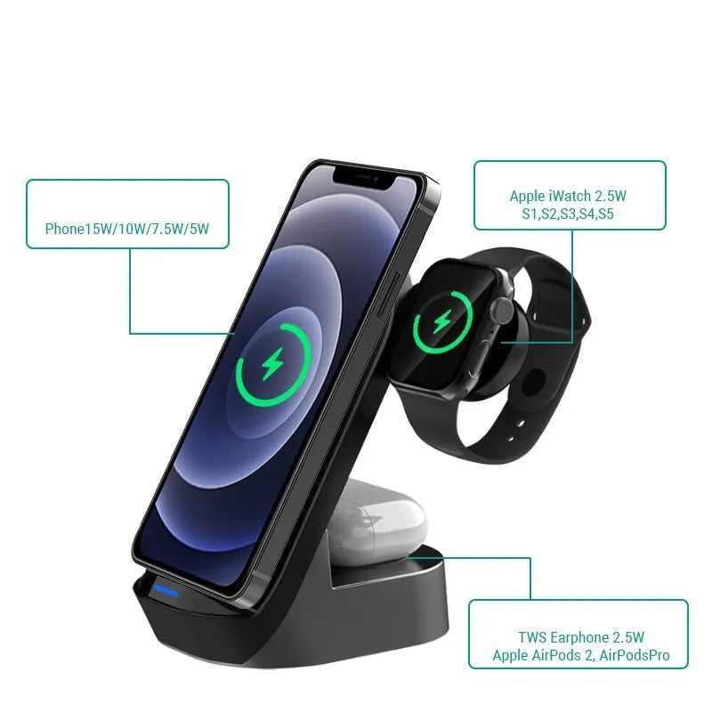 Black and grey foldable 3-in-1 wireless charging vertical stand for phone, watch and earbuds.