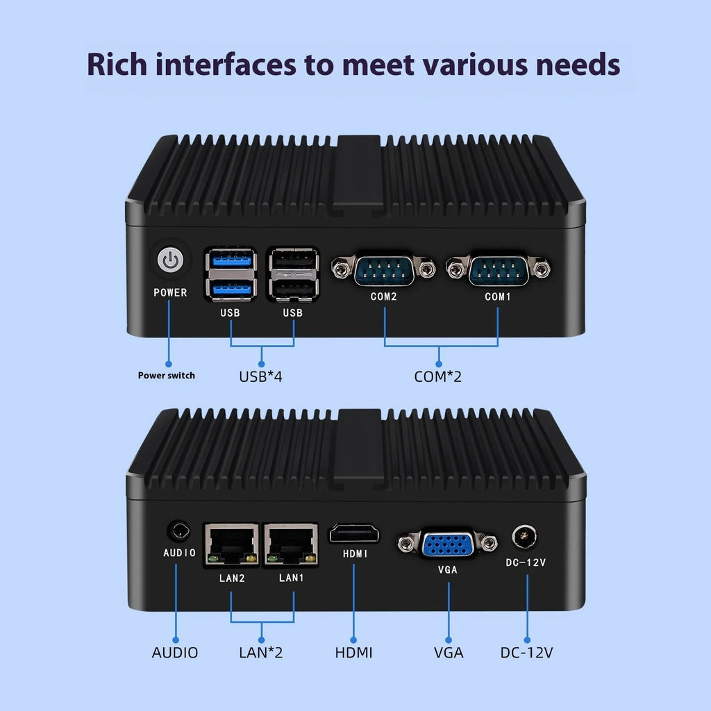 Industrial fanless mini host computer with dual network ports and quad-core processor in compact metal case