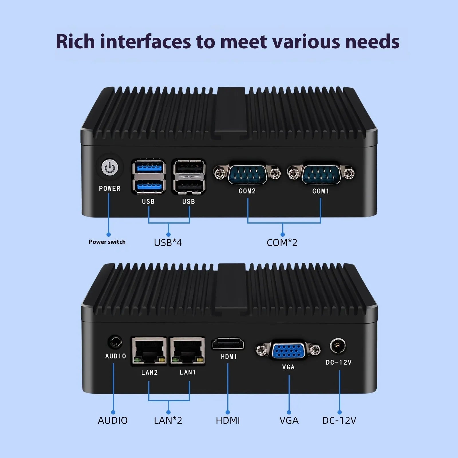 Industrial fanless mini host computer with dual network ports and quad-core processor in compact metal case
