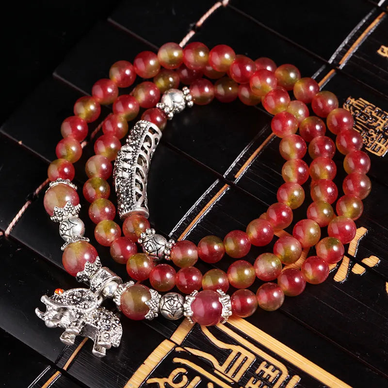 Handmade natural watermelon crystal bracelet with Chinese knot in elephant style geometry design