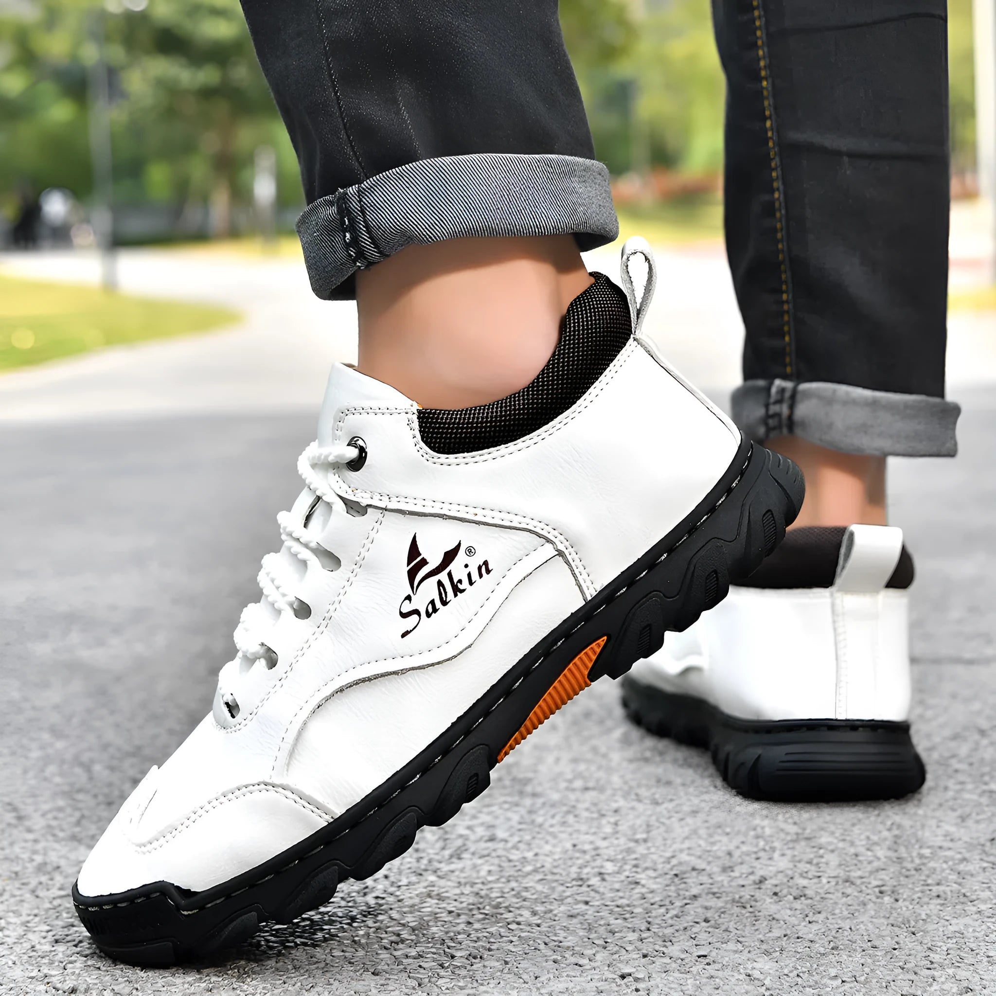 Flat lace-up casual hiking shoes in beige with PU upper, rubber sole, and round toe