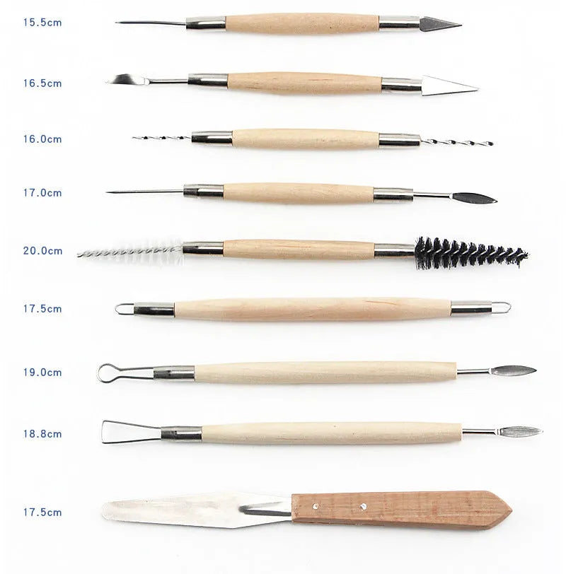 27-piece pottery clay tools set with stainless steel implements, wood handles and plastic accessories in OPP bag