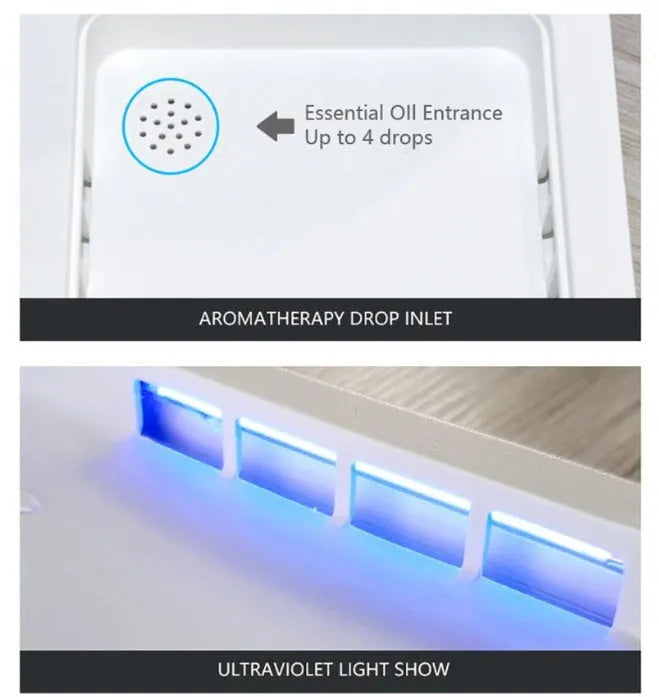 Blue UV phone steriliser cabinet with touch switch, showing mobile phone and mask inside for disinfection.