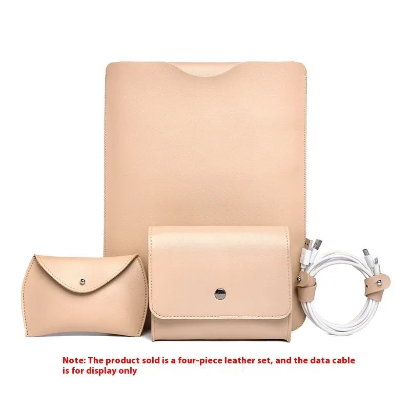Four piece set of imitation leather lock edge notebook liners in brown grey apricot and pink for laptops