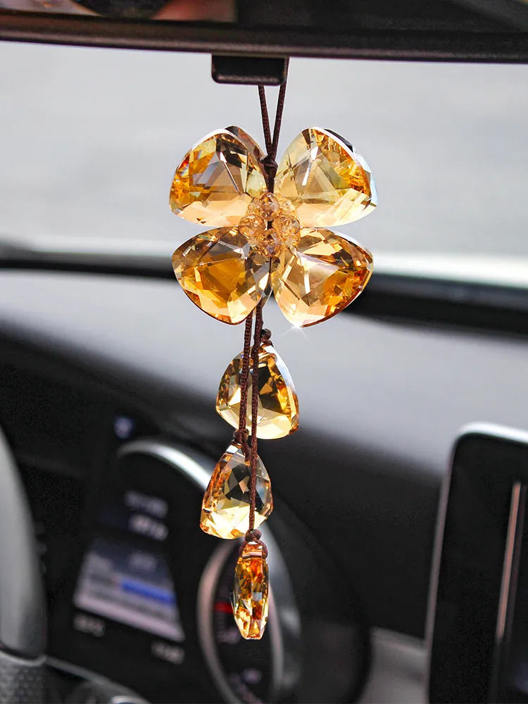 Crystal four leaf clover car pendant measuring approximately 20cm in transparent, champagne, black or shiny finish