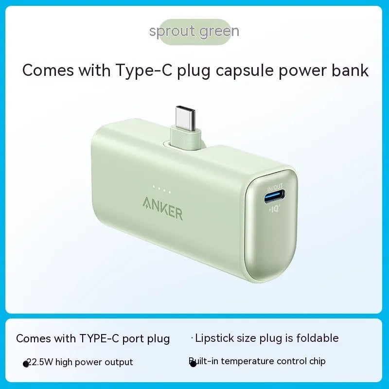 Compact capsule power bank with foldable USB-C head in black white green blue pink colours