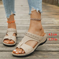 Casual slope heel roman style slippers in blue with fish mouth toe design and rubber sole.
