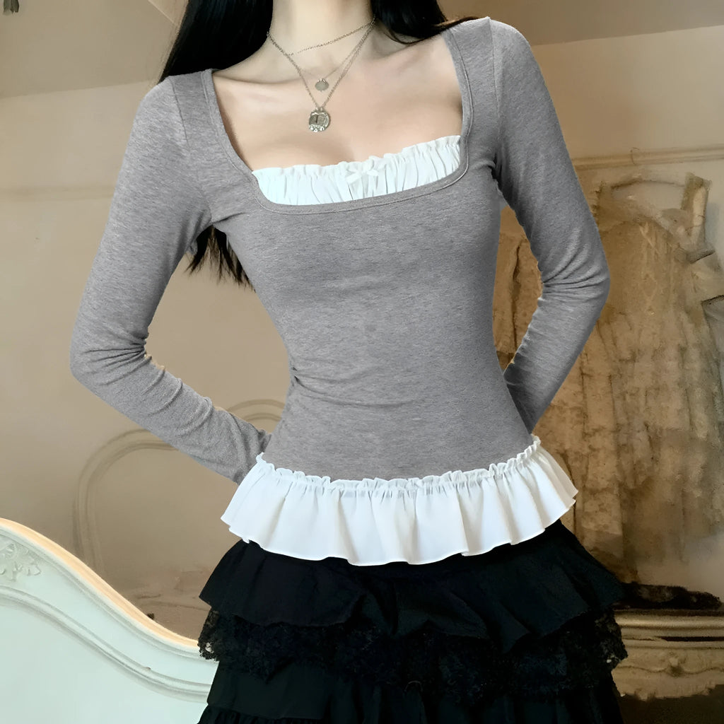 Women's casual fake two-piece lace long sleeve t-shirt in gray slim fit