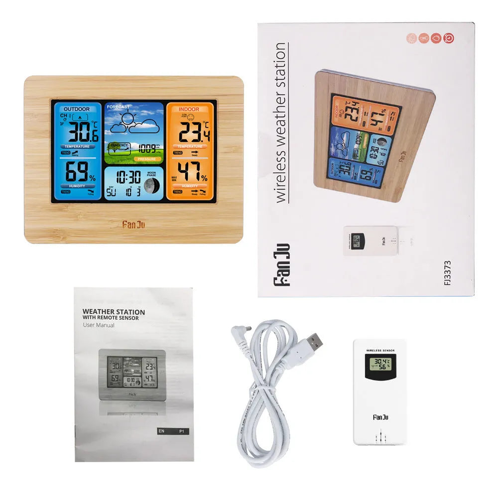Rectangular black digital weather station clock with LCD display showing time, temperature, humidity, and forecast.