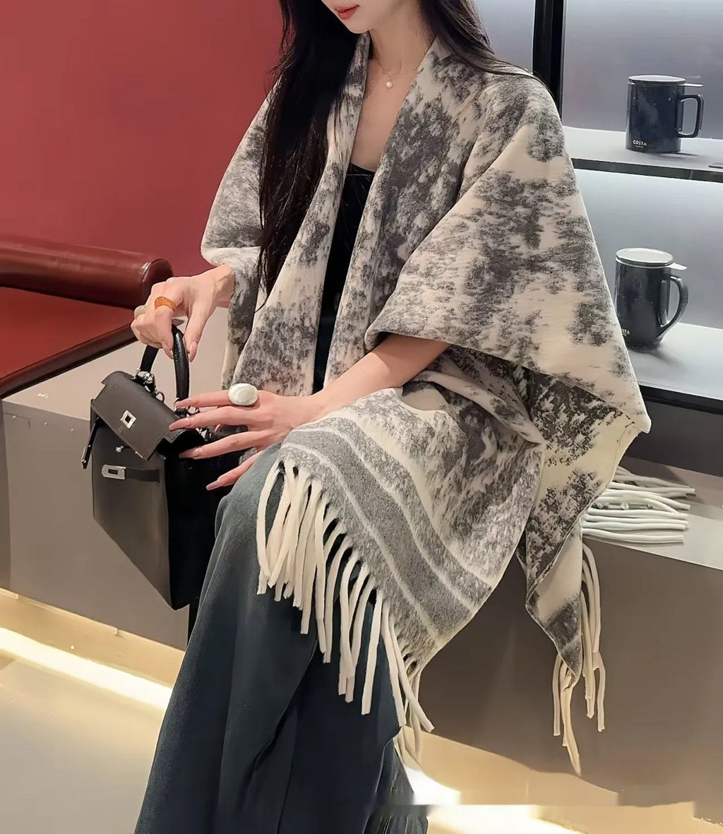 Women's polyester scarf cape with tassel trim in free size shawl style
