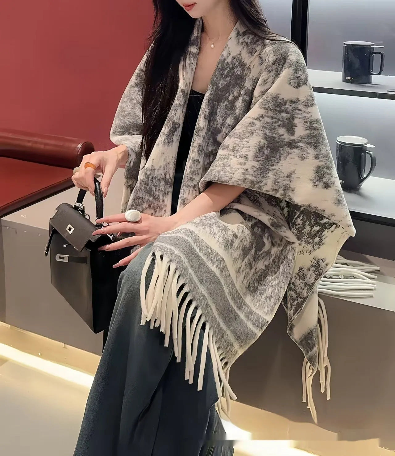 Women's polyester scarf cape with tassel trim in free size shawl style