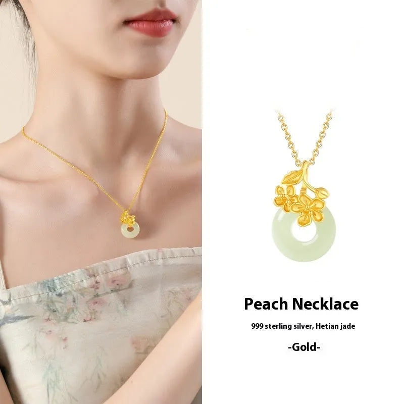 Natural Hetian jade safety buckle pendant with silver frame on adjustable cross chain, white gold electroplated finish