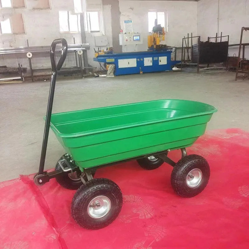 Green four-wheel dumptruck with tipping bed, model TC2145, for garden and farm material transport.